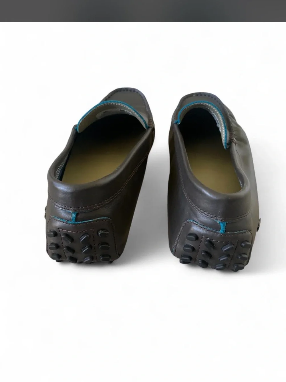 Lacoste Men's Dark Brown Leather Penny Loafers with Teal Stitching